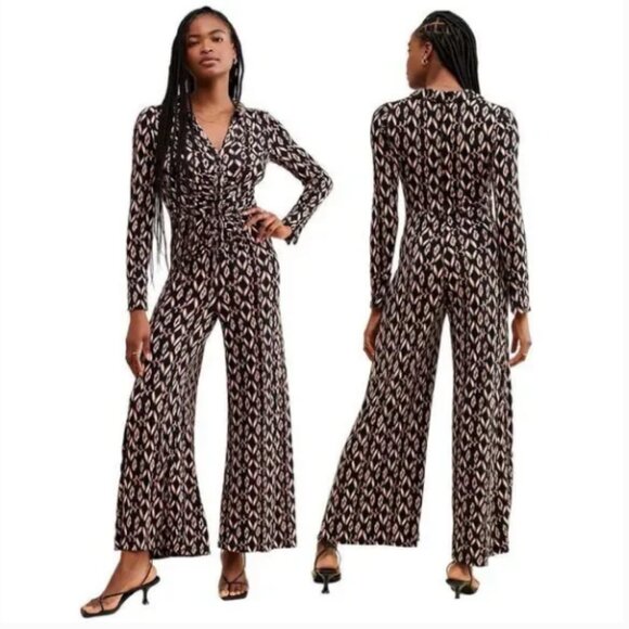 Free People Shayla Wide Leg Boho Print Button Front Jumpsuit Size Large